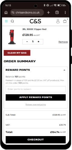 Reward points on the My Bag page